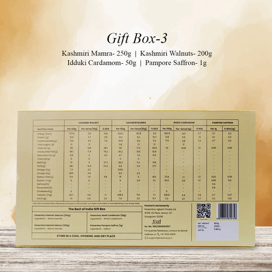 KisaanSay Gift Box-3 -Mamra 250g - Walnuts 250g - Cardamom 50g - Saffron 1g
