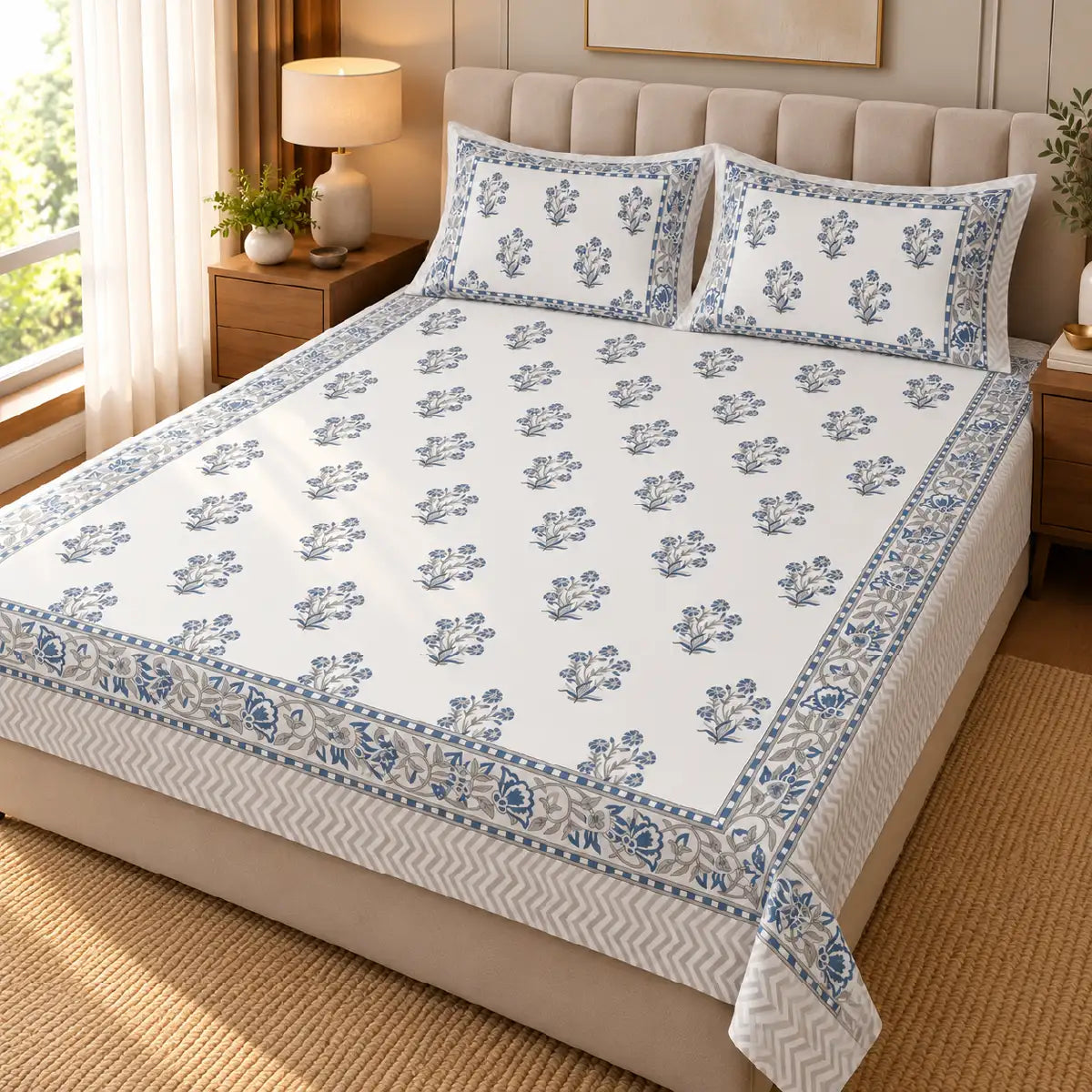 White & Indigo Blue Hand Block Print Bedsheet