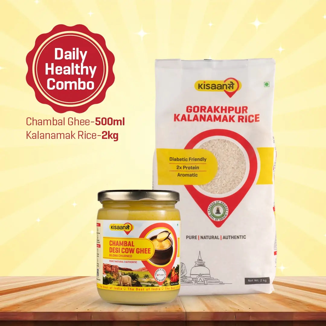 Chambal A2 Desi Cow Ghee 500ml + Gorakhpur Kalnamamak Rice 2Kg