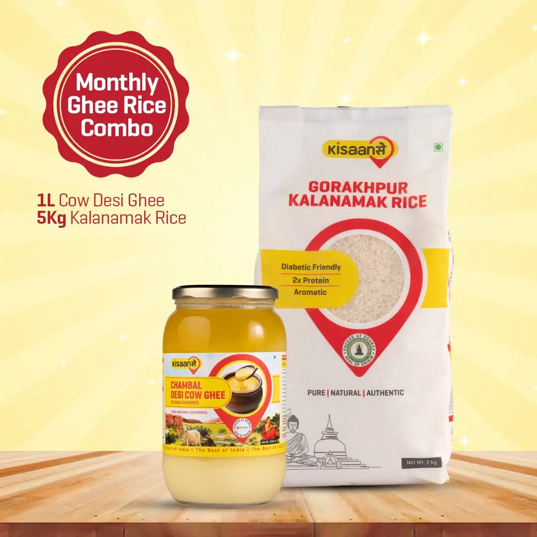 Chambal A2 Desi Cow Ghee 1 litre + Gorakhpur Kalnamamak Rice 5Kg