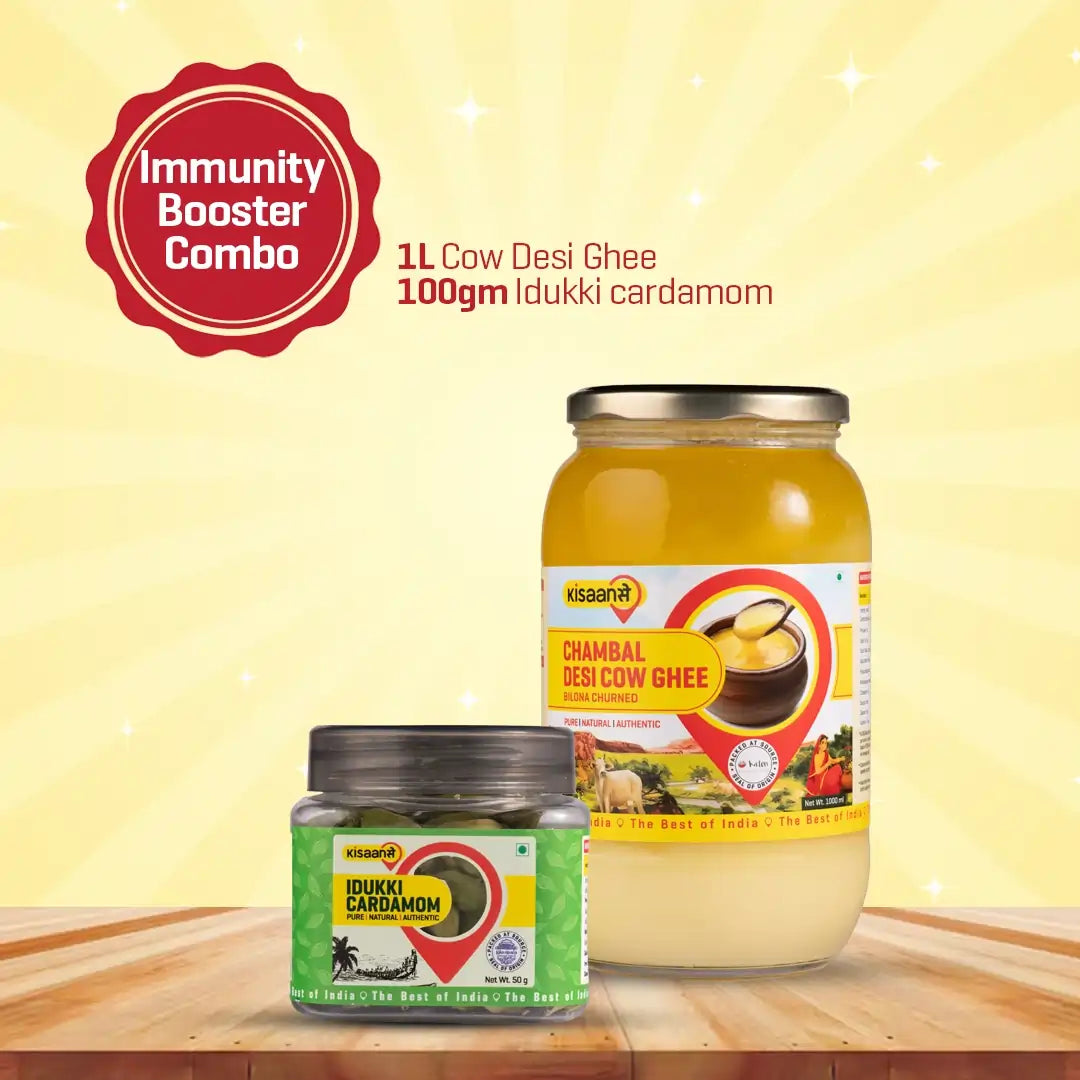 Chambal A2 Desi Cow Ghee 1 Litre + Idukki Cardamom 100g