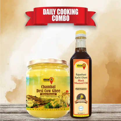 Chambal Desi Cow Ghee 1Litre + Rajasthani Kachi Ghani Mustard Oil (Black) 1 Litre