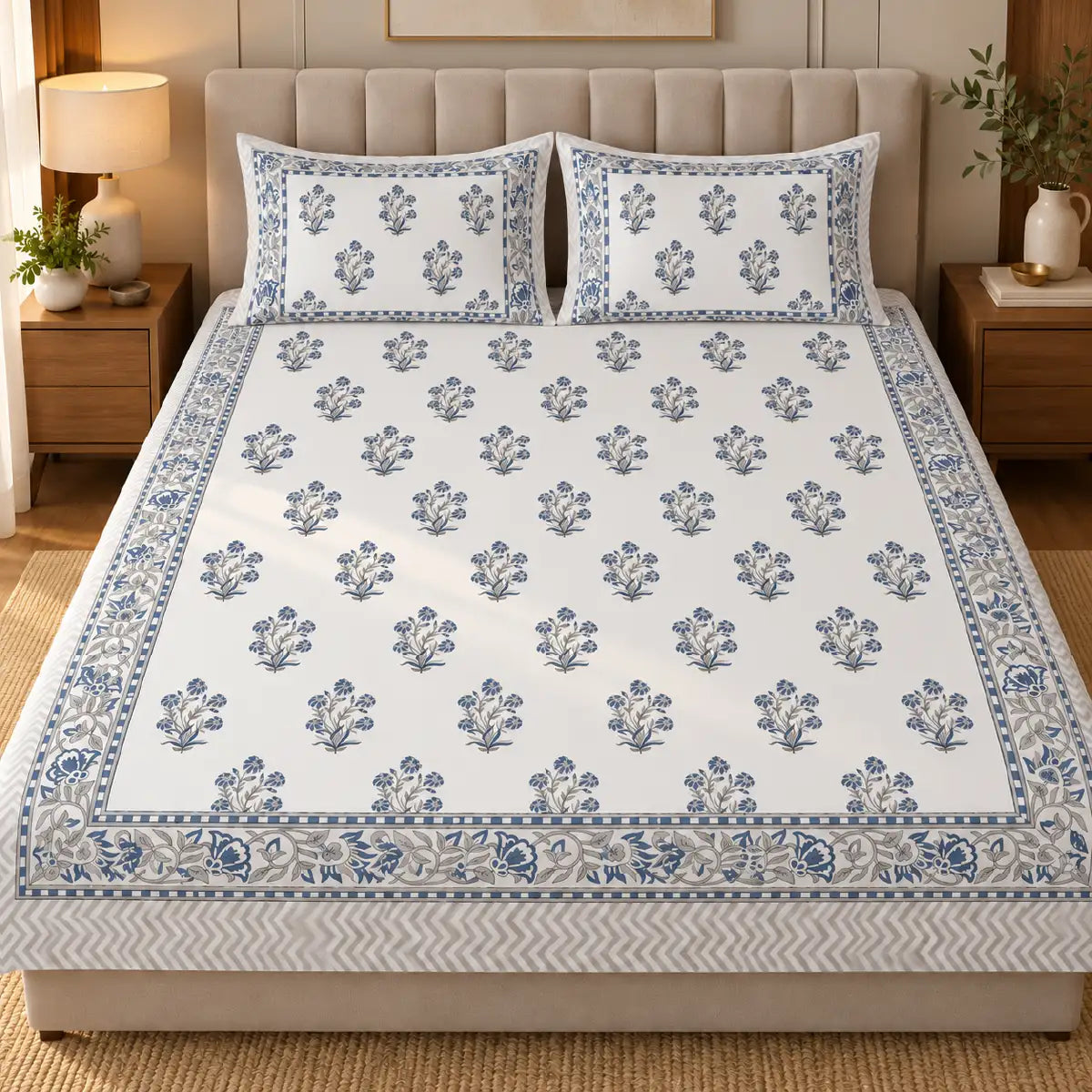 White & Indigo Blue Hand Block Print Bedsheet