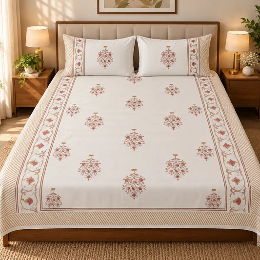 White & Red Hand Block Print Bedsheet