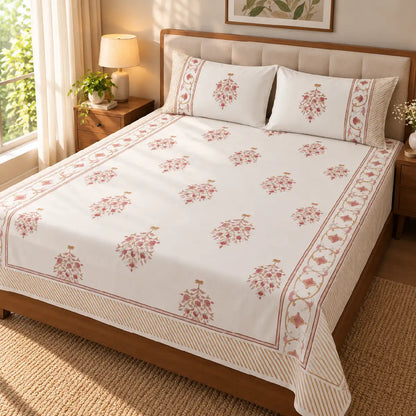 White & Red Hand Block Print Bedsheet