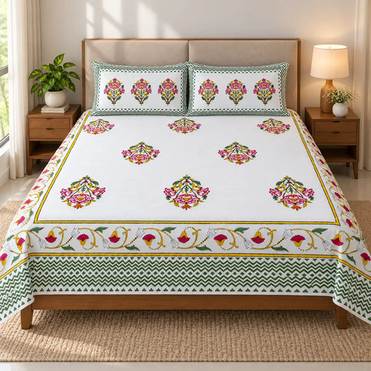 Sanganeri Hand Block Print Bedsheet With 2 Pillow Covers