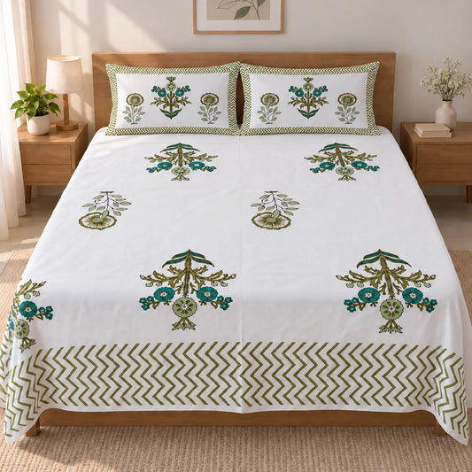 Sanganeri Hand Block Print Bedsheet With 2 Pillow Covers