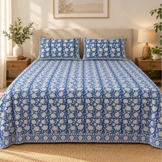 Sanganeri Hand Block Print Bedsheet with 2 Pillow Covers
