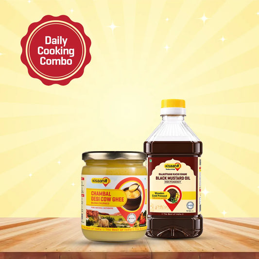 Chambal A2 Desi Cow Ghee 1 Litre + Rajasthani Kachi Ghani Mustard Oil (Black) 1 Litre