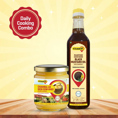 Chambal Desi Cow Ghee 1Litre + Rajasthani Kachi Ghani Mustard Oil (Black) 1 Litre
