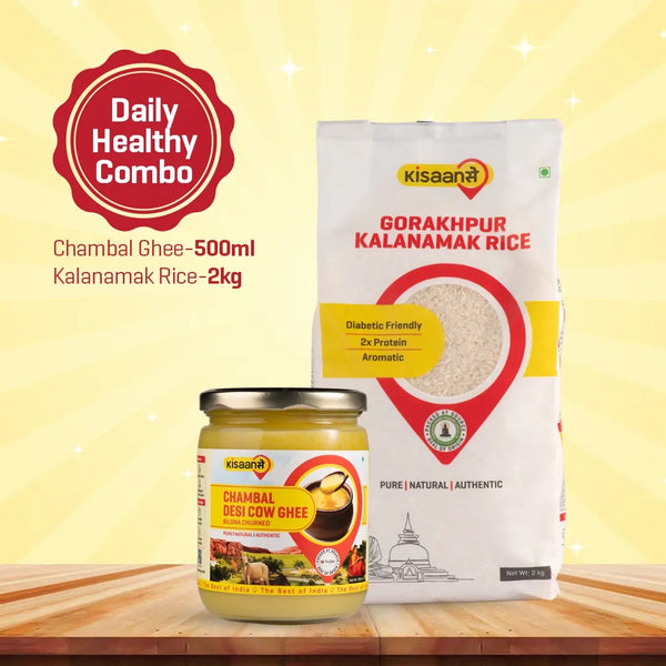 Chambal A2 Desi Cow Ghee 500ml + Gorakhpur Kalnamamak Rice 2Kg