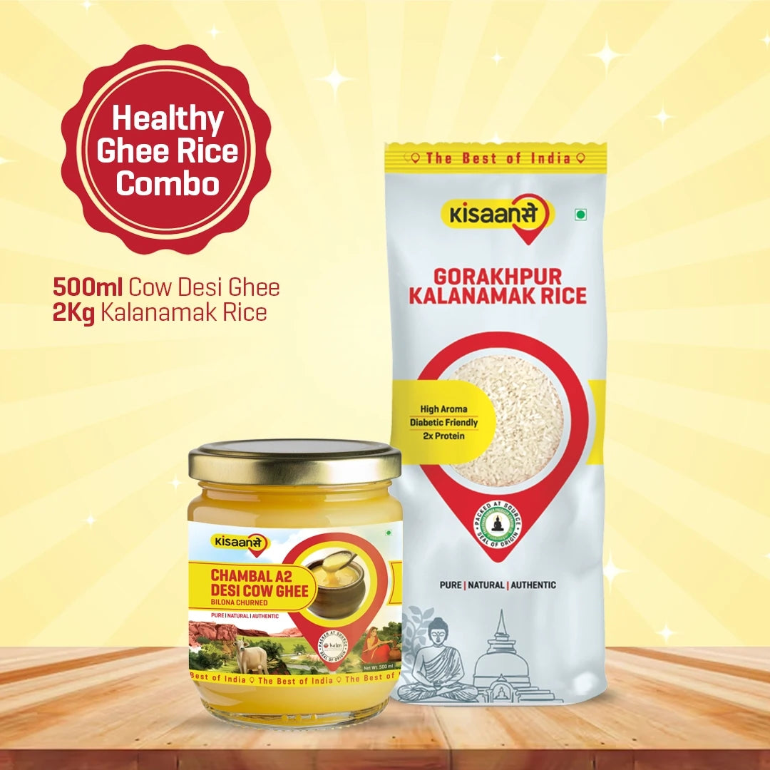 Chambal A2 Desi Cow Ghee 500ml + Gorakhpur Kalnamamak Rice 2Kg