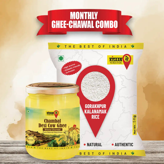 Chambal A2 Desi Cow Ghee 1 litre + Gorakhpur Kalnamamak Rice 5Kg