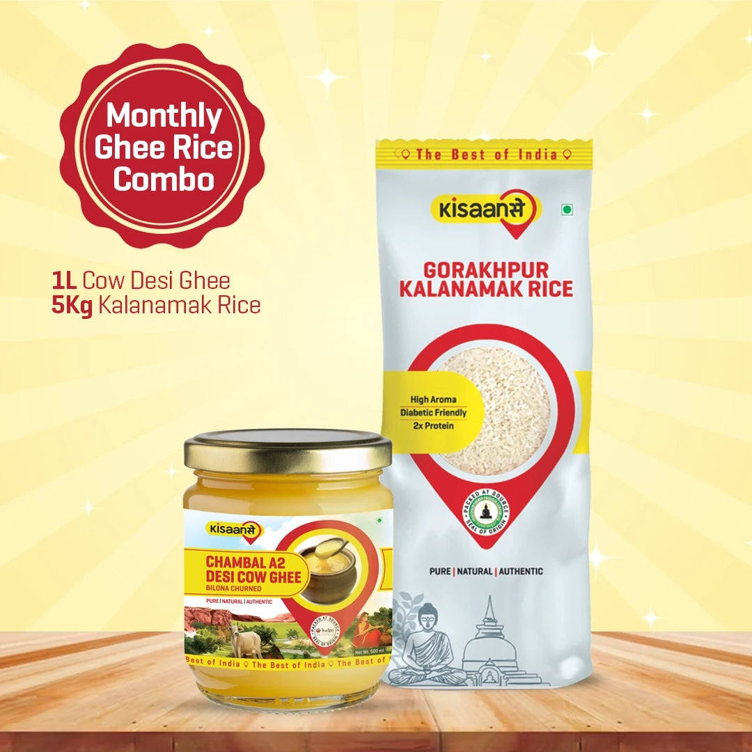 Chambal A2 Desi Cow Ghee 1 litre + Gorakhpur Kalnamamak Rice 5Kg