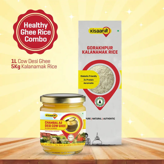 Chambal A2 Desi Cow Ghee 1 litre + Gorakhpur Kalnamamak Rice 5Kg