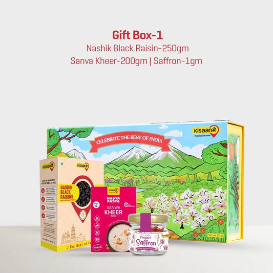 KisaanSay Gift Box-1-Black Raisins 250g - Sanwa Kheer 200g - Saffron 1g