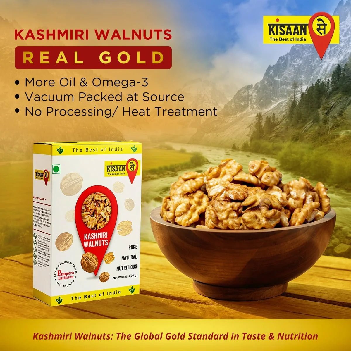 Kashmiri Walnuts | 50% More Oil Content | Without Shell | Vacuum - Packed at Source - KisaanSay