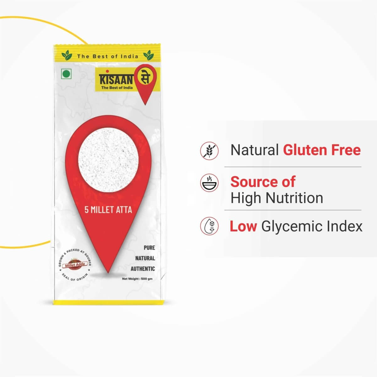 KisaanSay 5 Millet Atta | Naturally Gluten Free | Source Of High Nutrition | Low Glycemic Index - Kisaansay