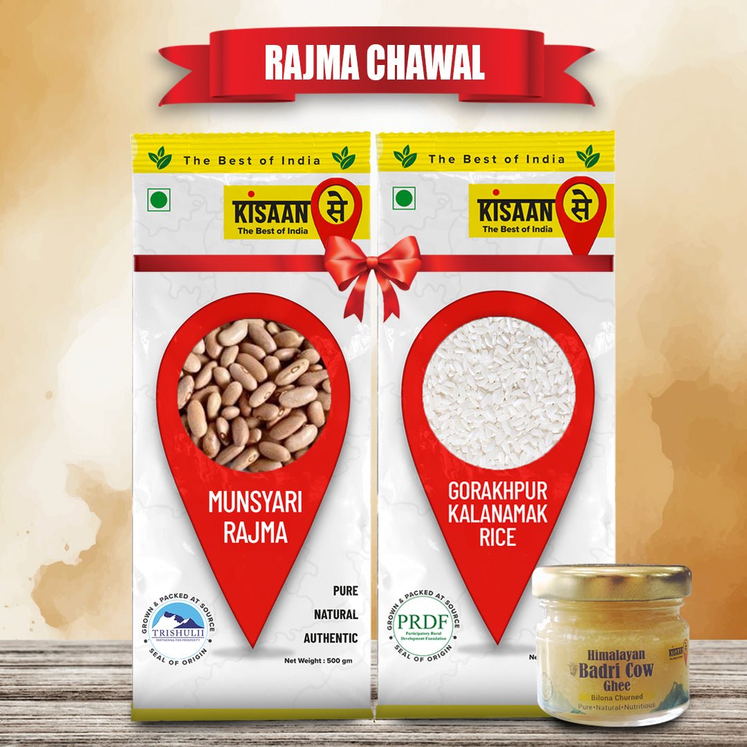 KisaanSay Rajma Chawal combo (Munsyari Rajma 500g + Gorakhpur Kalanamak Rice 1kg ) + free desi chambal cow ghee 25ml - KisaanSay