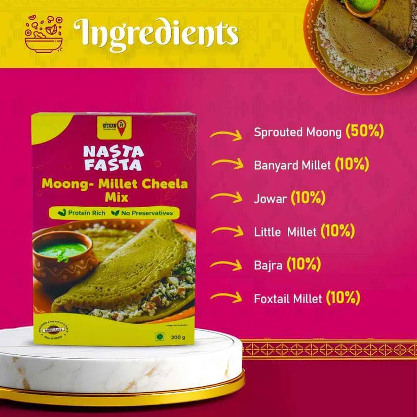 Nasta Fasta Moong - Millet Cheela Mix | No Preservatives | High Fibre & Protein | Cooks in 10 - minutes - KisaanSay